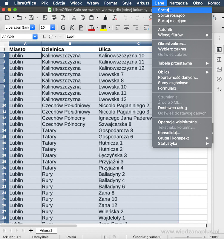 Rys. 5. LibreOffice Calc sortowanie wierszy dla jednej kolumny, krok 1/3