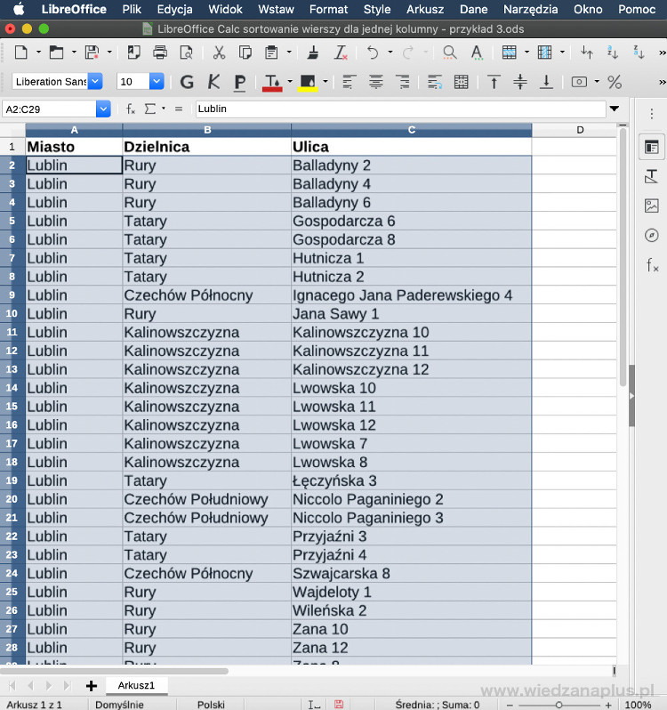 Rys. 7. LibreOffice Calc sortowanie wierszy dla jednej kolumny, krok 3/3