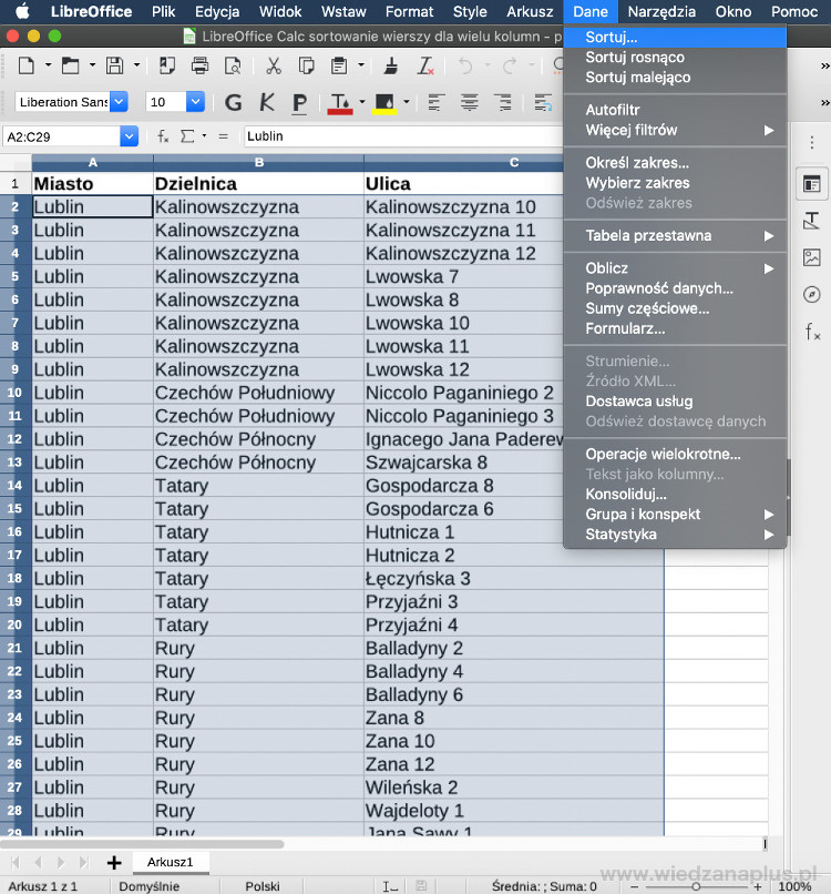 Rys. 8. LibreOffice Calc sortowanie wierszy dla wielu kolumn, krok 1/3