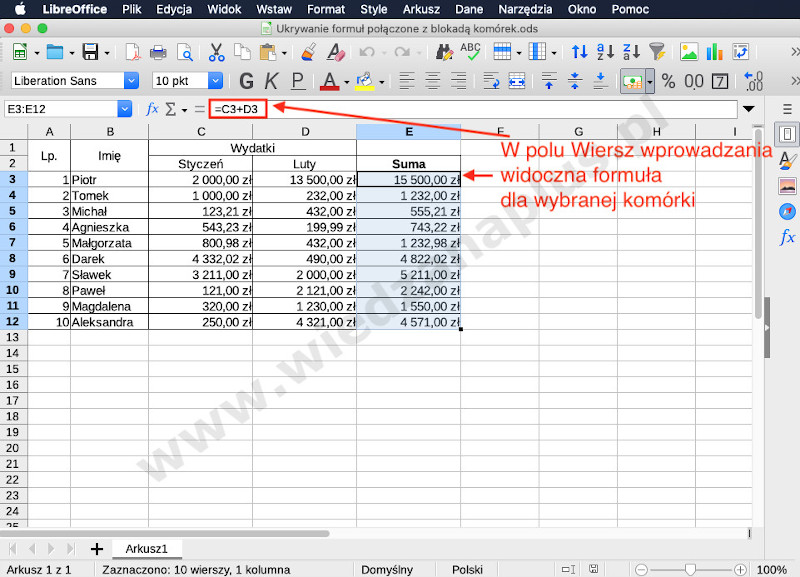 Rys. 1. Pakiet LibreOffice – ukrywanie formuł Calc, krok 1/9