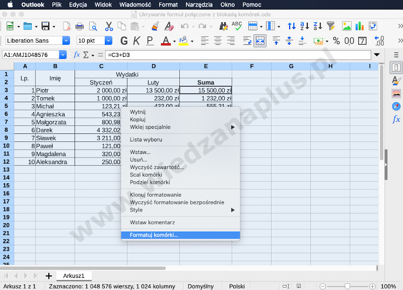 Rys. 2. Pakiet LibreOffice – blokowanie komórek Calc, krok 2/9