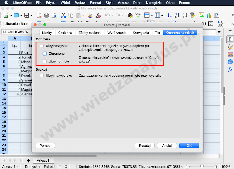 Rys. 3. Pakiet LibreOffice – blokowanie komórek Calc, krok 3/9