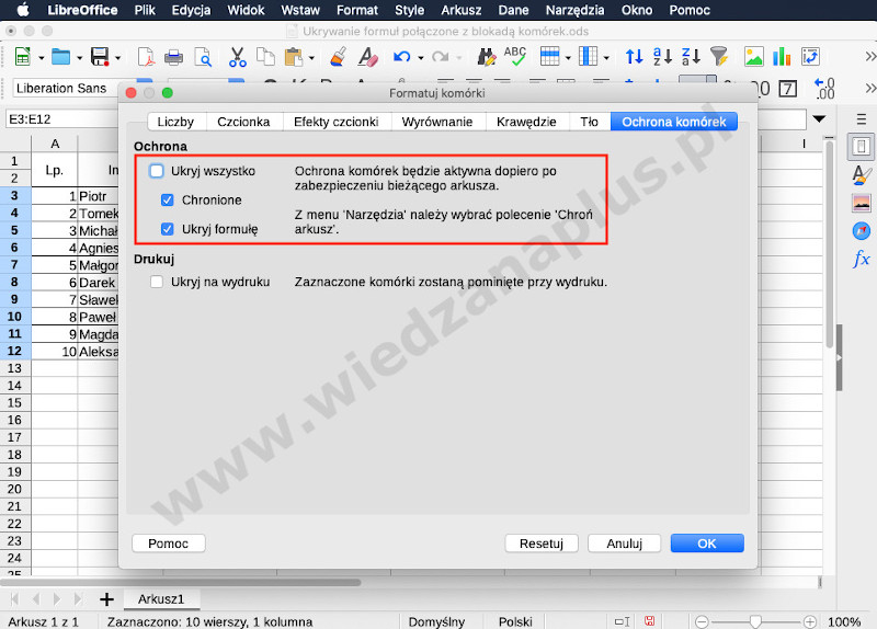 Rys. 5. Pakiet LibreOffice - Ukrywanie formuł Calc, krok 5/9