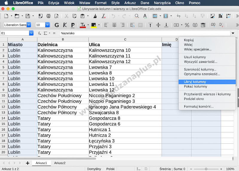 Rys. 1. Program Calc, pakiet LibreOffice ukrywanie kolumn, krok 1/3