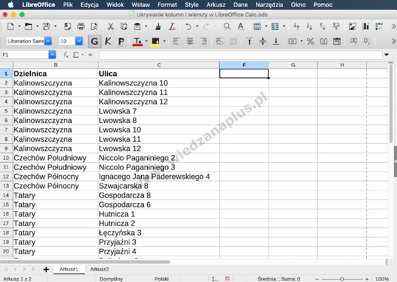 Rys. 3. Program Calc, pakiet LibreOffice ukrywanie kolumn, krok 3/3