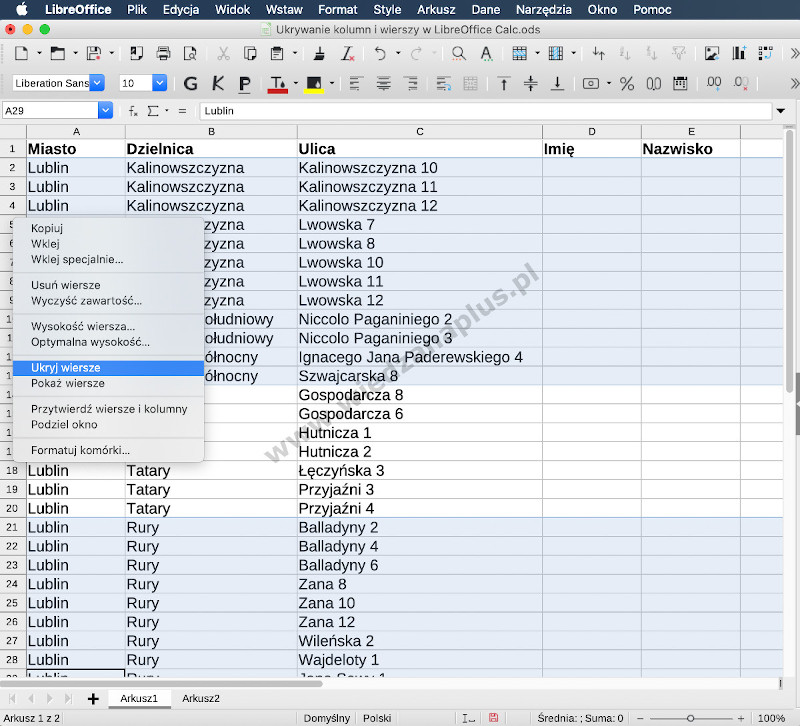 Rys. 6. Program Calc, pakiet LibreOffice ukrywanie wierszy, krok 1/2