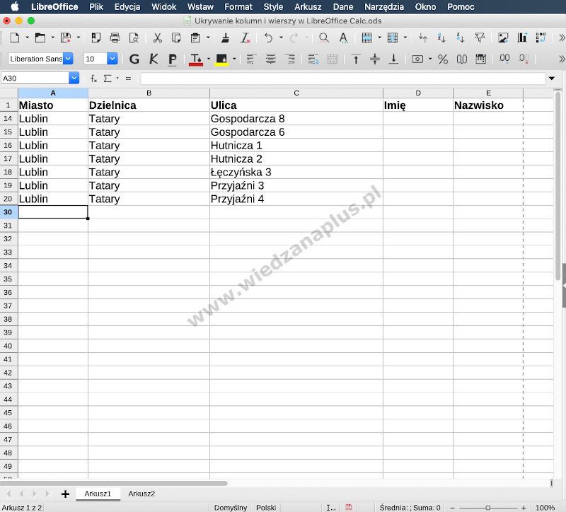 Rys. 7. Program Calc, pakiet LibreOffice ukrywanie wierszy, krok 2/2