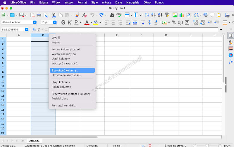 Rys. 4. Pakiet LibreOffice szerokość kolumn - program Calc, krok 1/3