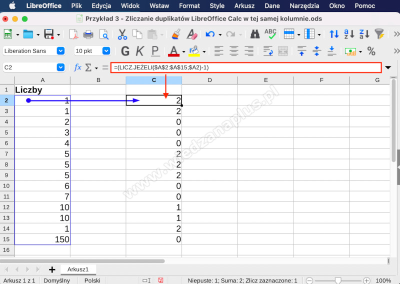 Rys. 11. Zliczanie duplikatów LibreOffice Calc w tej samej kolumnie