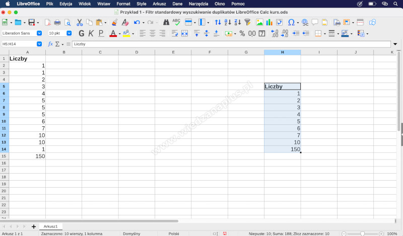 Rys. 3. Usuwanie duplikatów LibreOffice Calc kurs, krok 3/3