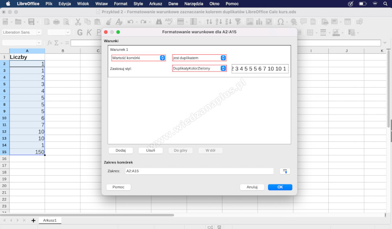 Rys. 9. Pakiet LibreOffice zaznaczanie duplikatów Calc, krok 6/7