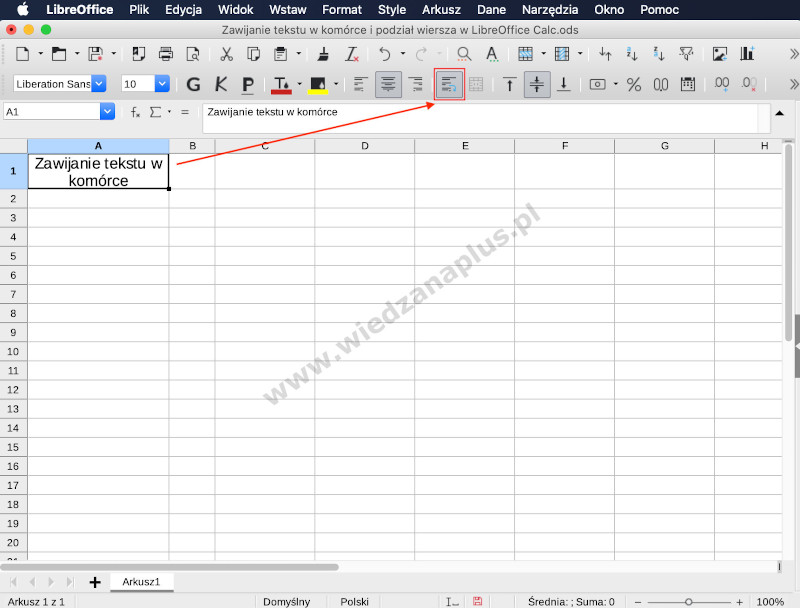 Rys. 2. LibreOffice Calc zawijanie tekstu w komórce, krok 2/4