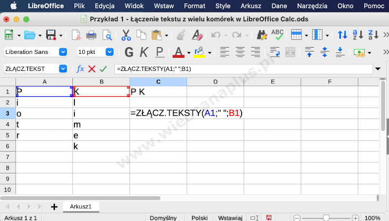 Rys. 1. LibreOffice złącz teksty Calc