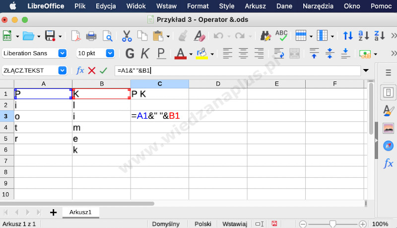 Rys. 4. Pakiet LibreOffice, program Calc łączenie tekstu