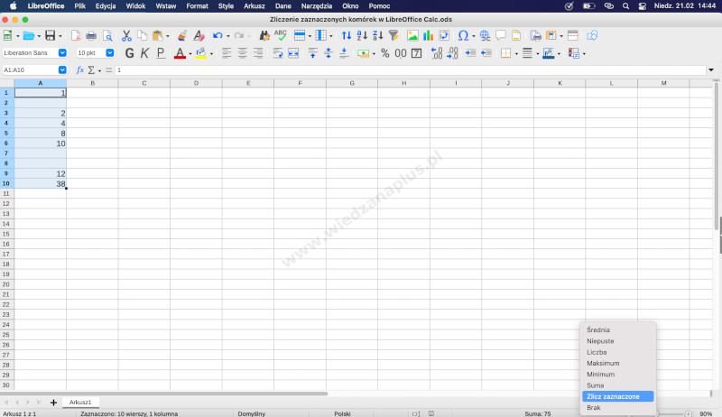 Rys. 3.  Zliczanie komórek Calc, pakiet LibreOffice