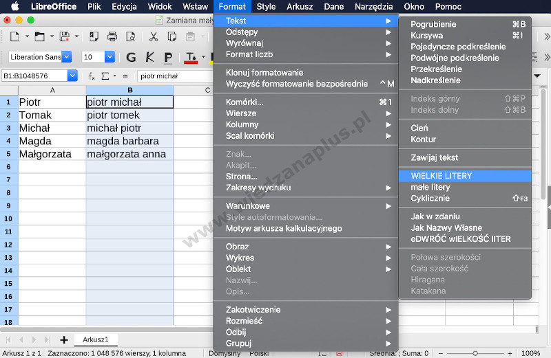 Rys. 1. Program Calc, pakiet LibreOffice małe litery na duże, krok 1/2