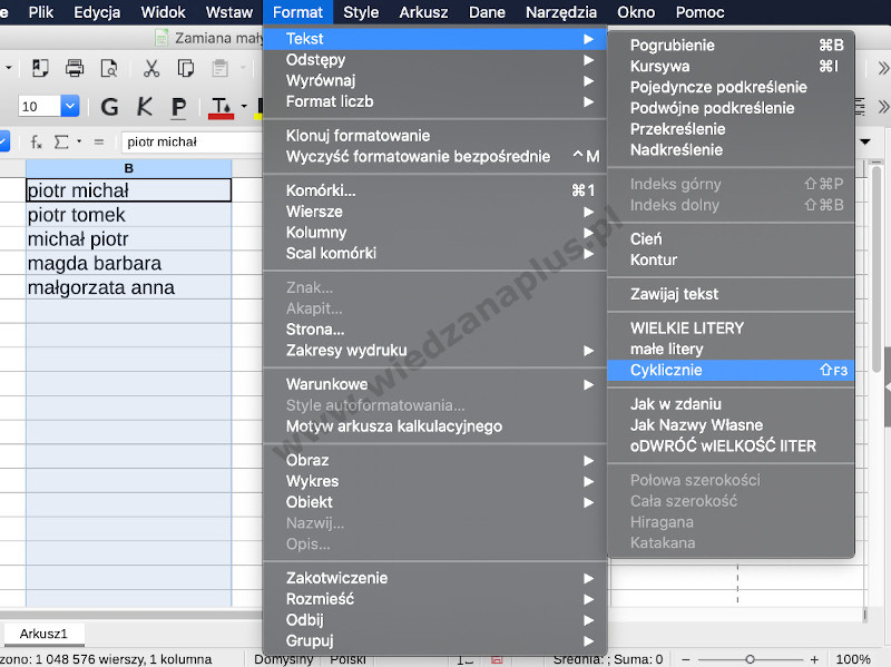 Rys. 5. Program Calc, pakiet LibreOffice zmiana wielkości liter