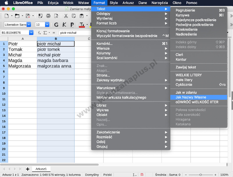 Rys. 6. Progam Calc, pakiet LibreOffice zmień wielkość liter, krok 1/2