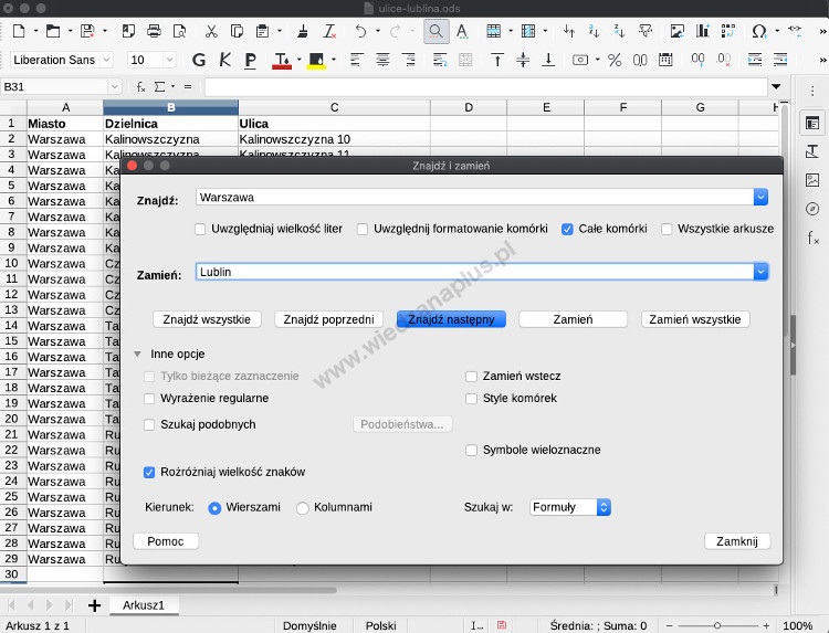 Rys. 3. Okno Znajdź i zamień LibreOffice Calc