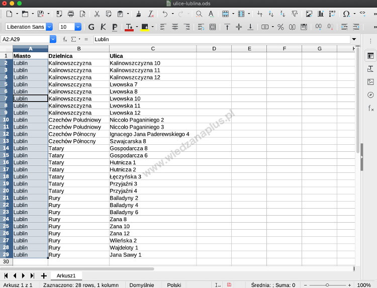 Rys. 5. LibreOffice Calc zamiana tekstu, końcowy rezultat