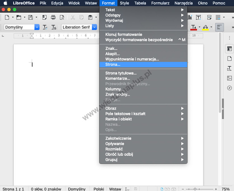 Rys. 2. Uruchamianie okna Styl strony za pomocą menu głównego LibreOffice
