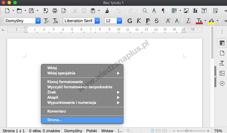 Rys. 1. Uruchamianie okna Styl strony za pomocą menu kontekstowego LibreOffice