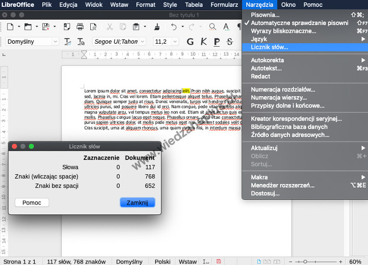 Rys. 4. Liczenie liter LibreOffice w oknie Licznik słów