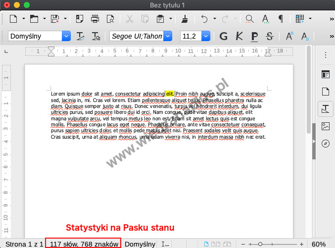 Rys. 1. Statystyki LibreOffice na pasku stanu (Liczenie słów LibreOffice)