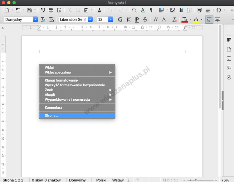 Rys. 1. Uruchamianie okna Styl strony za pomocą menu kontekstowego LibreOffice