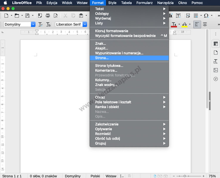 Rys. 2. Uruchamianie okna Styl strony za pomocą menu głównego LibreOffice