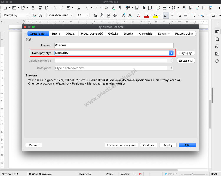 Rys. 6. Jak obrócić stronę w LibreOffice Writer, krok 3/3