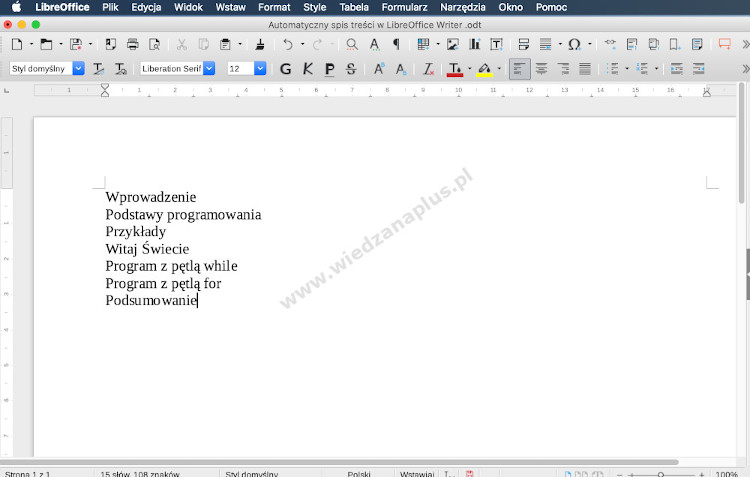 Rys. 1. Spis treści LibreOffice Writer, krok 1/10