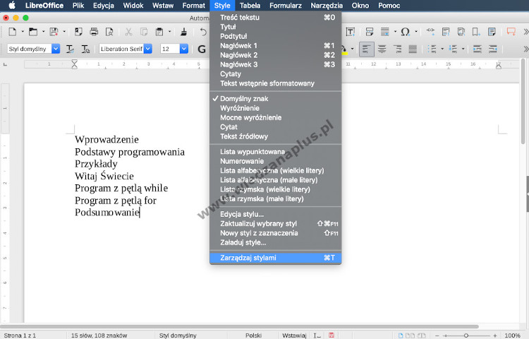 Rys. 2. Spis treści LibreOffice Writer, krok 2/10