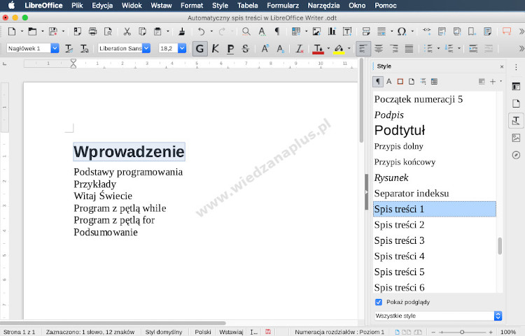 Rys. 3. Spis treści LibreOffice Writer, krok 3/10