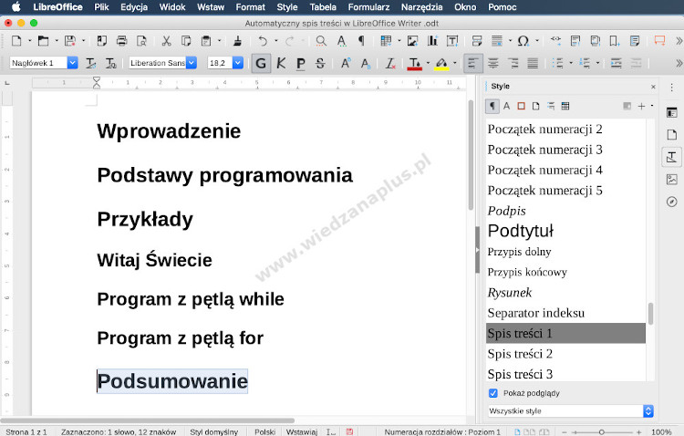 Rys. 4. Program Writer - pakiet LibreOffice spis treści, krok 4/10