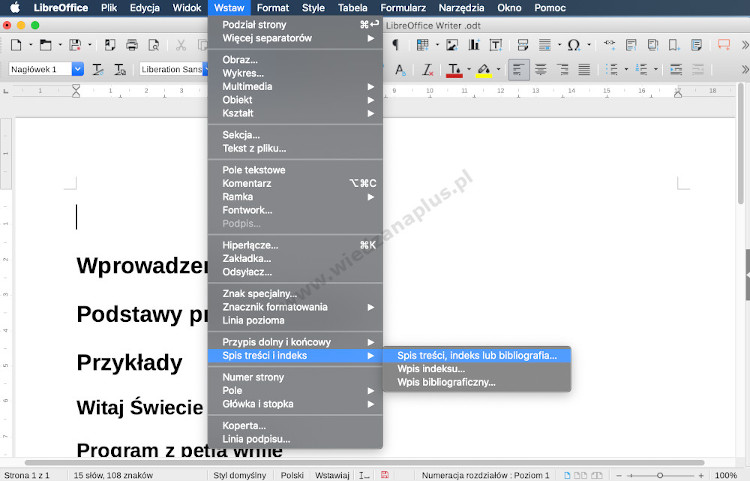 Rys. 5. Program Writer - pakiet LibreOffice spis treści, krok 5/10