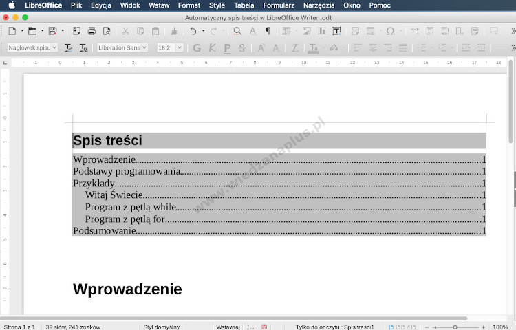 Rys. 7. Program Writer - pakiet LibreOffice spis treści, krok 7/10