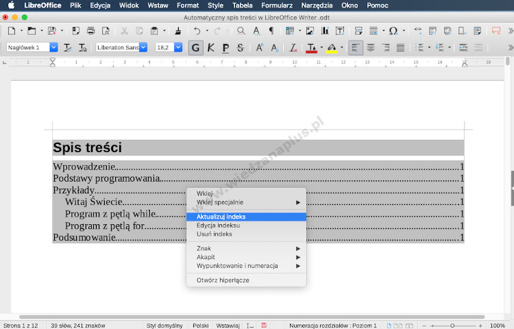 Rys. 8. Program Writer - pakiet LibreOffice automatyczny spis treści, krok 8/10