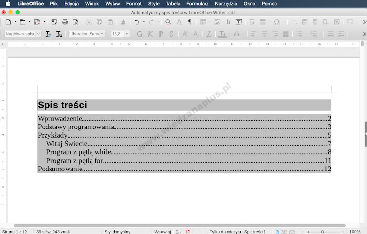Rys. 9. Program Writer - pakiet LibreOffice automatyczny spis treści, krok 9/10
