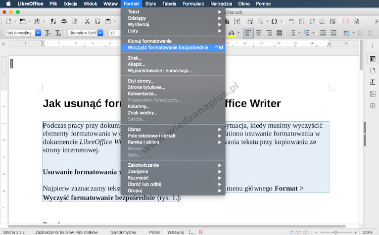 Rys. 1. Usuwanie formatowania tekstu w dokumencie LibreOffice Writer