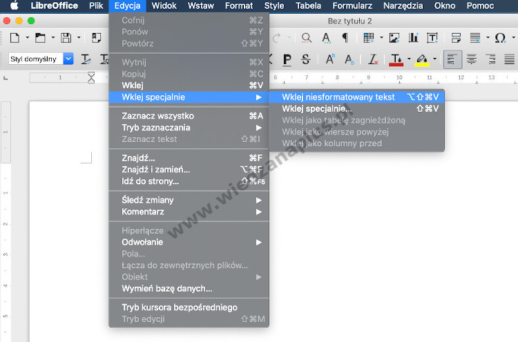 Rys. 5. LibreOffice Writer usuń formatowanie tekstu, krok 3/4
