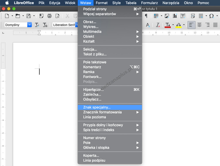 Rys. 1. Znaki specjalne w menu głównym LibreOffice Writer