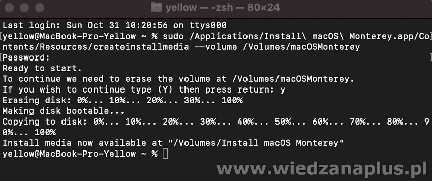 Rys. 10. Tworzenie nośnika instalacyjnego macOS Monterey - terminal krok 3/3