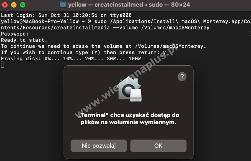 Rys. 9. Tworzenie nośnika instalacyjnego macOS Monterey - terminal krok 2/3