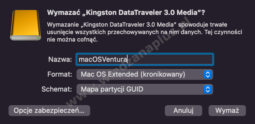 Rys. 7. Formatowanie pamięci USB – podstawy macOS