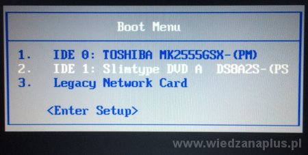 Boot Menu – F12 przytrzymać podczas uruchamiania komputera