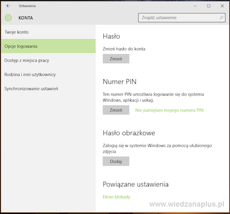 Okno Konta po utworzeniu Numeru PIN – Windows 10